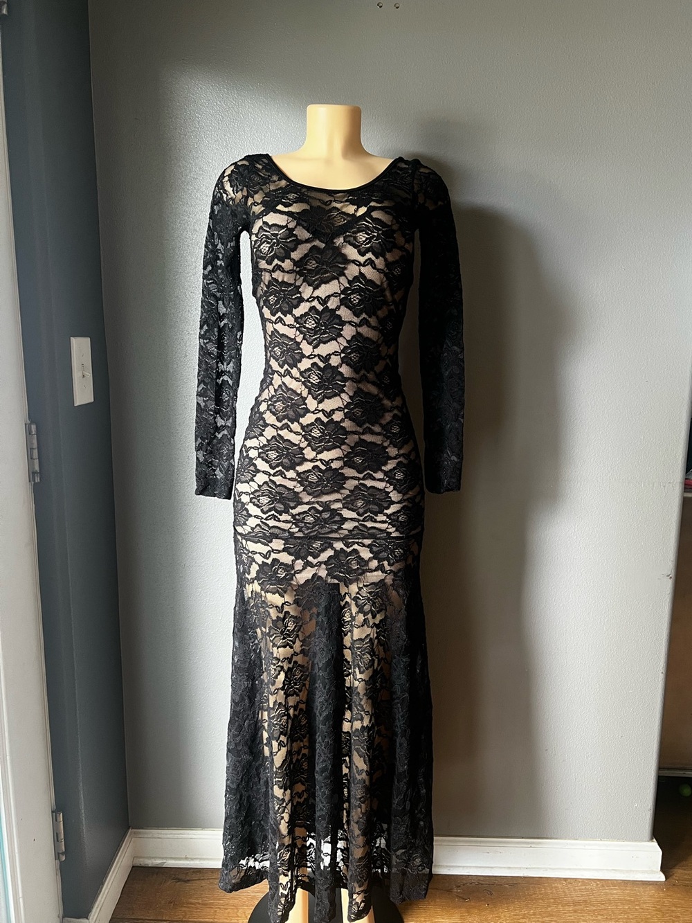 Black Lace Long Sleeve Mermaid dress with Nude Underlay size Small